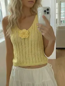 Spring Summer Women's Knitted Halter Top, Hollow Out Embroidered V Neck Sweater, Elegant Casual Beach Vacation Wear