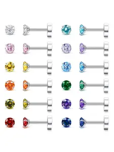 12 Pairs Birthstone Stud Earrings, Hypoallergenic Post Earrings, for Women Men Durable Stainless Steel with Screw Back Flat Design CZ Stones for Safe Long-time Wear Various Ear Piercings Classic Simple Style