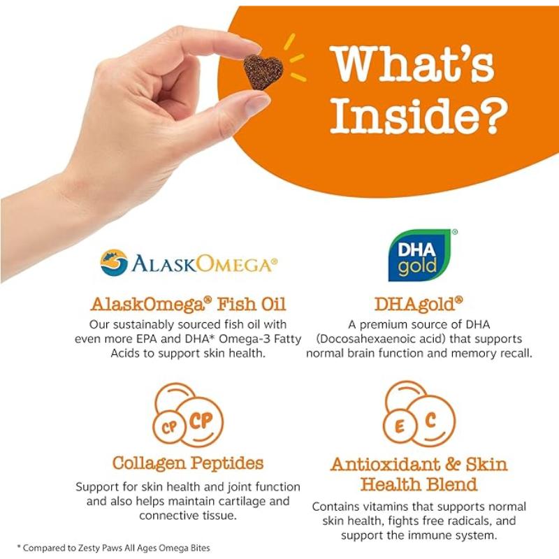 Zesty Paws Omega Bites for Dogs Soft Chew Treats with Omega 3 Fish Oil EPA & DHA for Skin Coat Health Vitamin Supplement