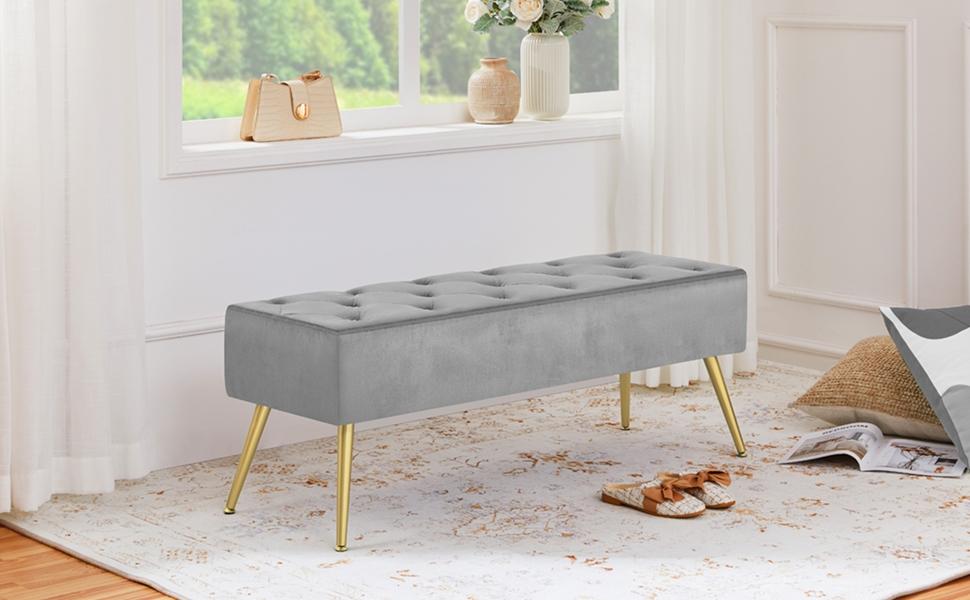 Yaheetech Ottoman Footstool Bench Boucle/Velvet Benches Upholstered Footrest with Gold Metal Legs and Padded Seat for Living Room