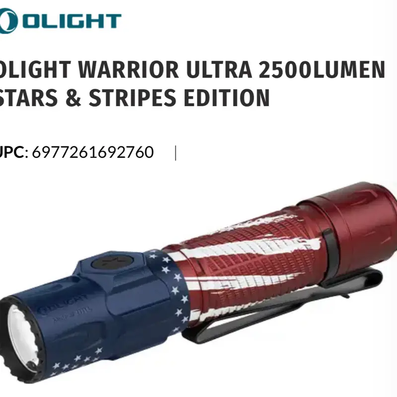 Olight Warrior Ultra Lightweight Tactical Rechargeable LED Flashlight, Stars and Stripes Edition, 2500 Max Lumens
