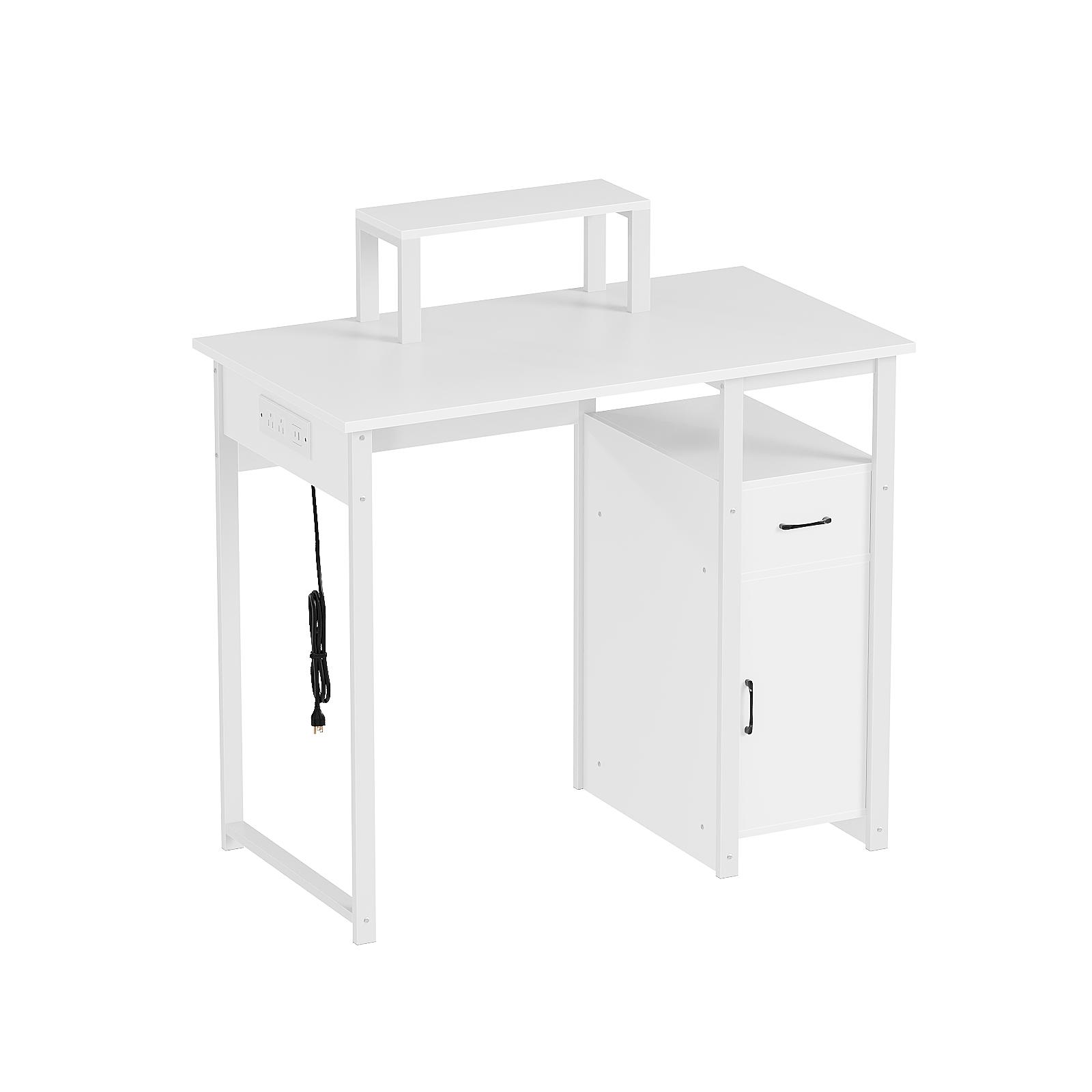 Computer Desk with Power Outlets and Monitor Stand, Small Home Office Desk with Storage Drawer & Cabinet, Compact Study Writing Desk PC Workstation for Small Spaces