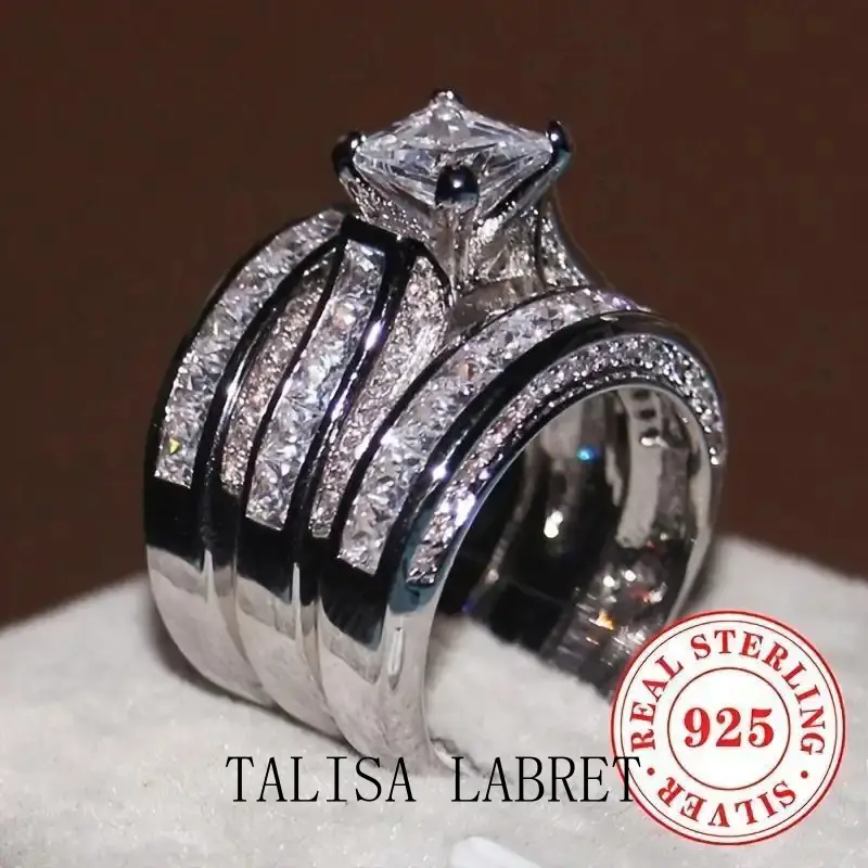 A luxurious 925 sterling silver wedding ring set, consisting of 3 elegant stacked wedding rings, priess cut synthetic cubic zirconia, four claw inlay, April birthday stone, Valentine's Day gift, all season engagement and banquet jewelry WeddingringsTALISA
