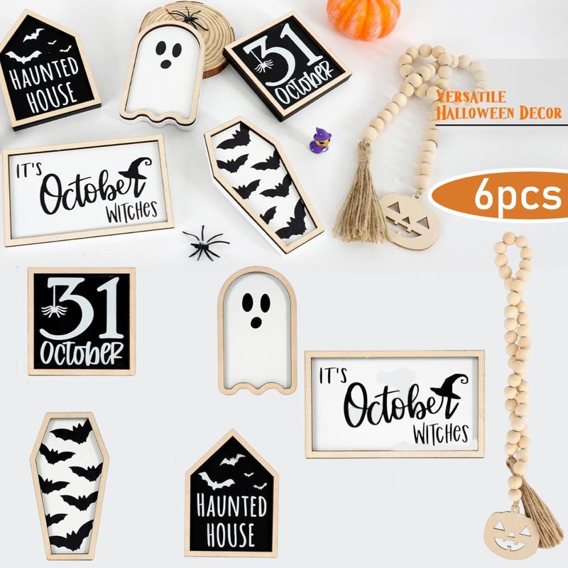 6-pcs Halloween layered tray decoration, including bat coffin, haunted house, ghost, witch, October 31st logo, bead wreath, table frame Halloween centerpiece