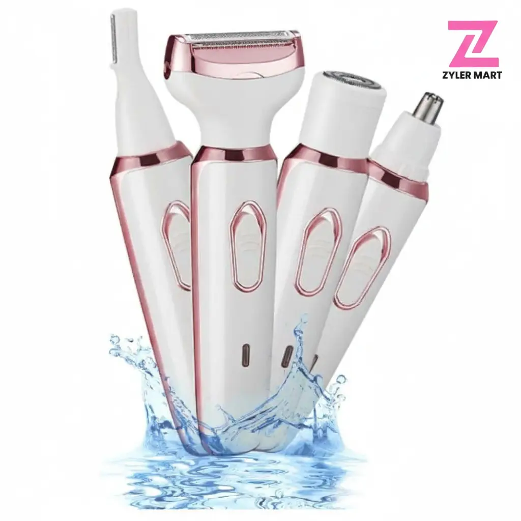 ZYLER 4-in-1 Rechargeable Electric Lady Shaver Razor Trimmer Beauty Kit - Stainless Steel 4-Blade, Waterproof, Portable, Flawless Grooming for Facial, Bikini Areas, Rechargeable Battery, 4 In 1 Trimmer Heads