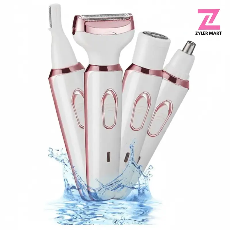 ZYLER Women's 4-in-1 Rechargeable Electric Shaver & Trimmer Beauty Kit - 4-Blade Stainless Steel-Ceramic Razors, 3.7V, 60-Min Battery, Waterproof, Portable, Pain-Free, Facial/Body Hair Removal, Eyebrow Grooming