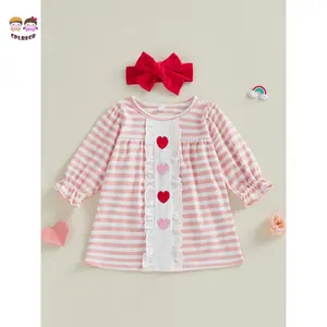 Sisters Outfit Matching Set, Long Sleeve Crew Neck Striped Embroidery Heart Romper/Dress with Headband for Valentine’s Day