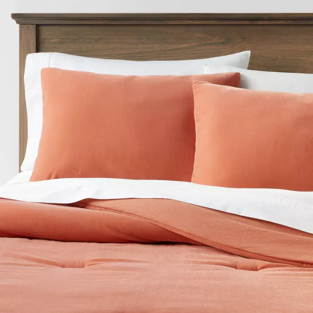 Full/Queen Lustrous Velvet Comforter & Sham Set Terracotta - Threshold: Gender Neutral OEKO-TEX Certified