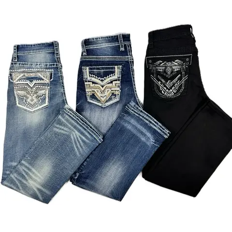 Western Slim Straight Jeans with Embroidery Design