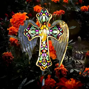Solar Glass Cross Garden Stake Light, Cemetery Decorations for Grave Outdoor Lights,  Cross Angel Wings Sympathy Memorial Gifts, for Easter Halloween Garden Lawn Yard Patio Decor