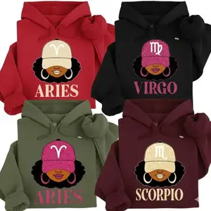 [Full 12 Zodiac] Zodiac Vibes Hoodie – Afro Woman Astrology Sign Pullover with Sparkly Hat Graphic, Unisex Horoscope Crewneck Gift for Black, Military Green, Red, Maroon Color