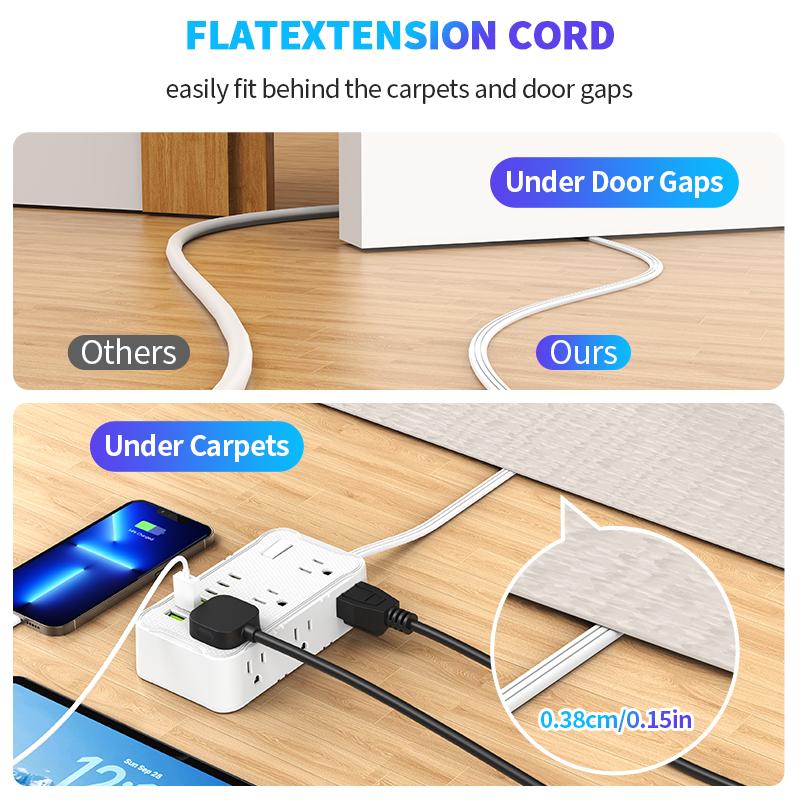 6.5FT/10FT/15FT extension line power board, 1pc 12-in-1 power board/power socket/power strip, 6 AC sockets, maximum power of 1250.W, 10A, 3 USB 3Type-C, suitable for home, office, travel and computer.