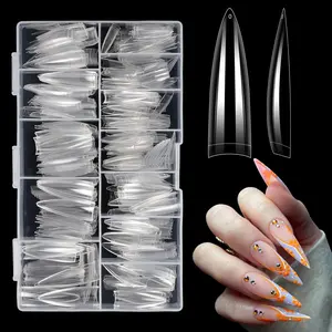 XL Stiletto Nail Tips504PCS No C Curve Tips for Acrylic Nails, Clear Nail Tips Stiletto, Half Cover Almond False Nail Extension for Salons Home DIY 12 Sizes