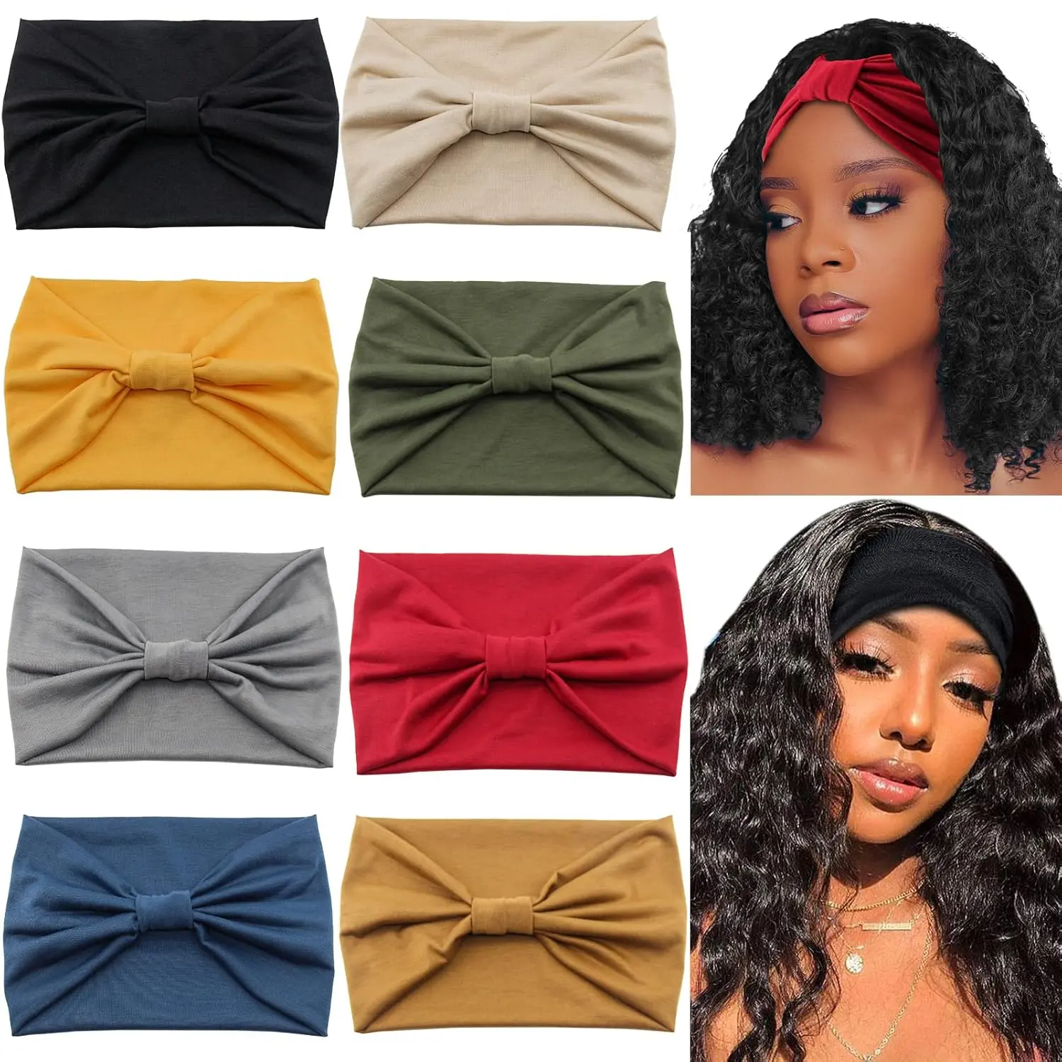 Wide Headbands for Women Non Slip Turban Headband, Boho Elastic Headband Sweat Bands Yoga Hair Bands for Women's Hair，Pack of 8