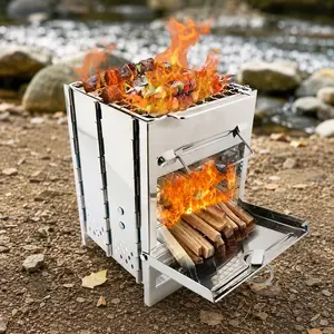 Portable Folding Stainless Steel Firewood Stove, Lightweight Camping Grill with Rack, Outdoor Cooking Windproof Essential, Multi-use Quick Setup Backyard BBQ Tool, Durable Camping Cooking Equipment