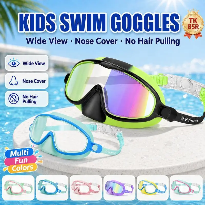 Viyawise Anti-Fog Swim Goggles for Adults & Kids, Wide View UV-Protected Lenses, Waterproof Goggles with Earplugs & Nose Clip