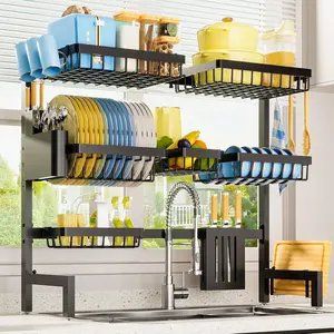 Over The Sink Dish Drying Rack, Stainless Steel Dish Drainer with Utensil & Knife Holder, Hooks, Kitchen Organizers and Storage Solution, 11.8" D x 31.5"~39.0''W x 30" H, Black