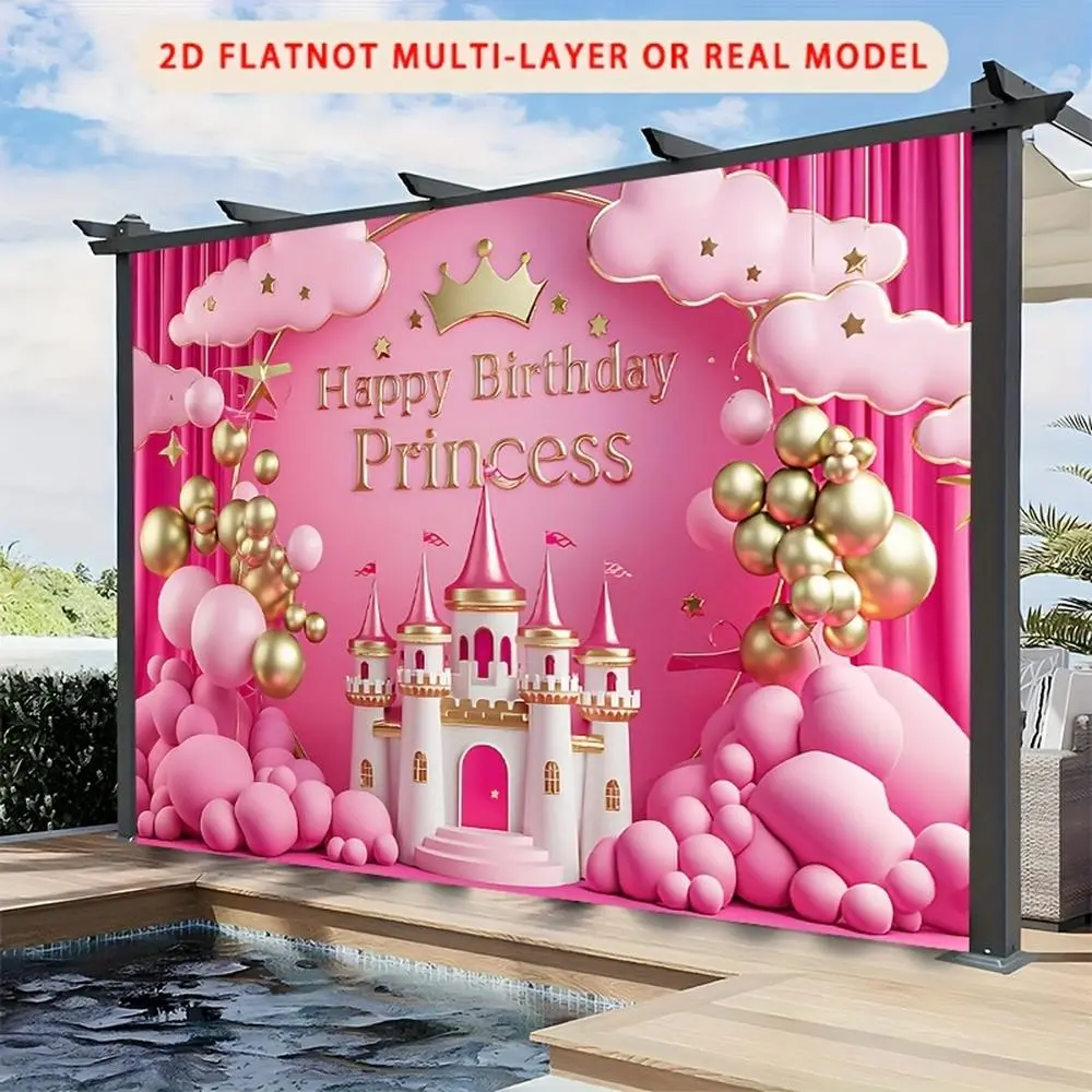 1PC Polyester 2D Flat Pink Princess Castle Birthday Backdrop Banner - 1-piece Reusable Home & Festive Party Supply, Stereo Balloon Cloud Design, Children's Photo Booth Background Wall, Baby's 1st Birthday Photo Curtain, One-Piece,summerwins