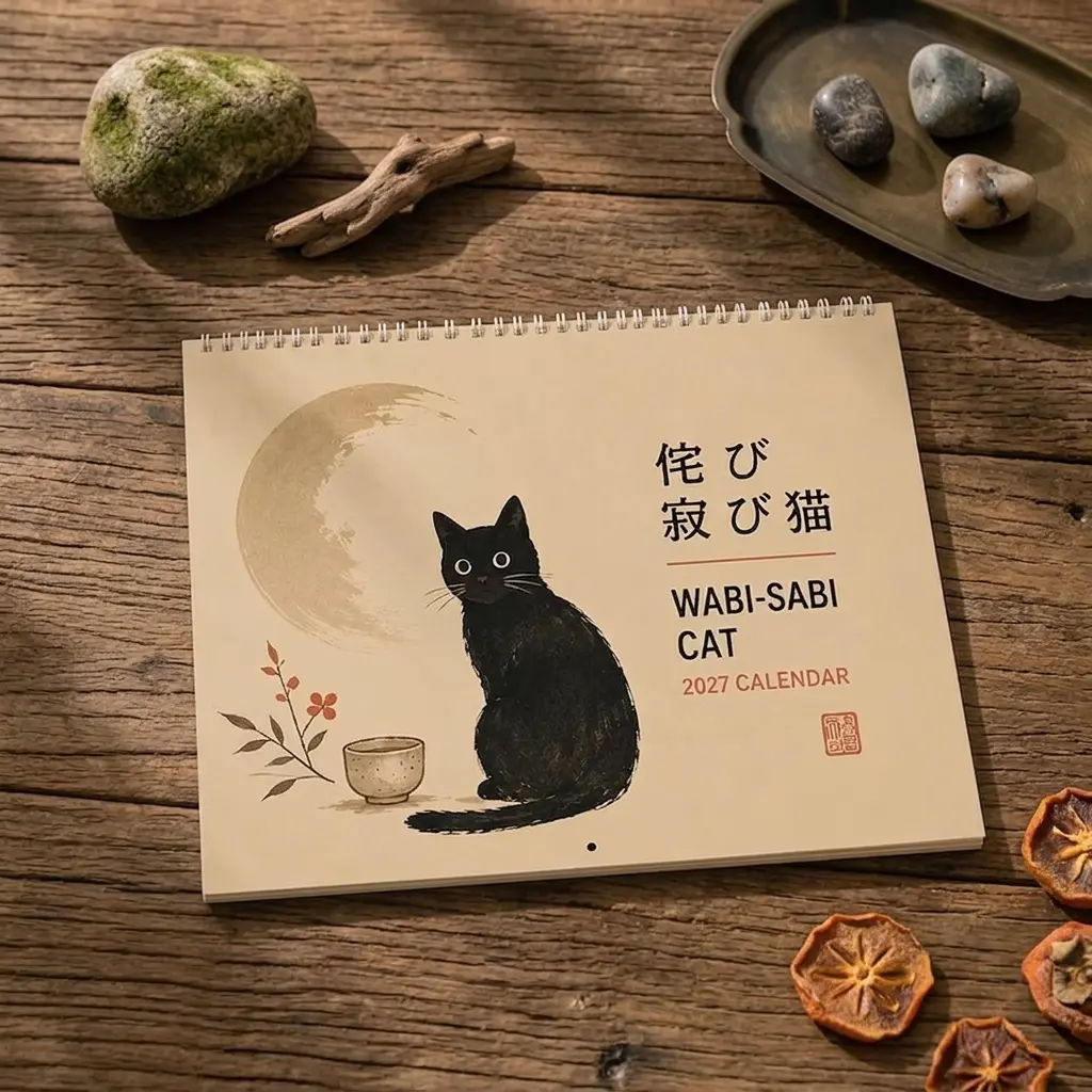 Japanese Kawaii Black Cat 2027 Wall Calendar, Wabi Sabi Home Decor, Cute Cat Lover Gift