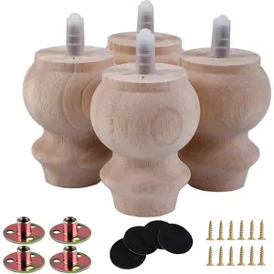 3 Inch Wooden Unfinished Bun Feet for Dresser Legs Couch Sofa Cabinet Ottoman DIY Wood Furniture Legs Set of 4 M8 Bolt Screw in (3") Patent Application