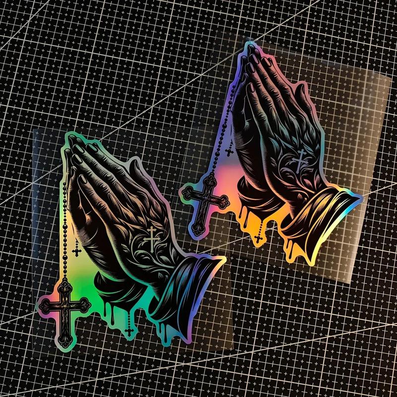 1PC Religious car sticker - Christian praying hands and cross, black gradient to purple - suitable for cars, trucks, motorcycles