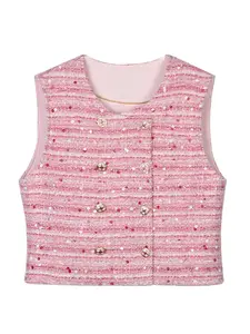 Women's Pink Sequin Decor Tweed Vest Blazer, Elegant Fashion Sleeveless Double Breasted Vest Coat for Daily Outdoor Wear, Women Clothing for Spring Fall