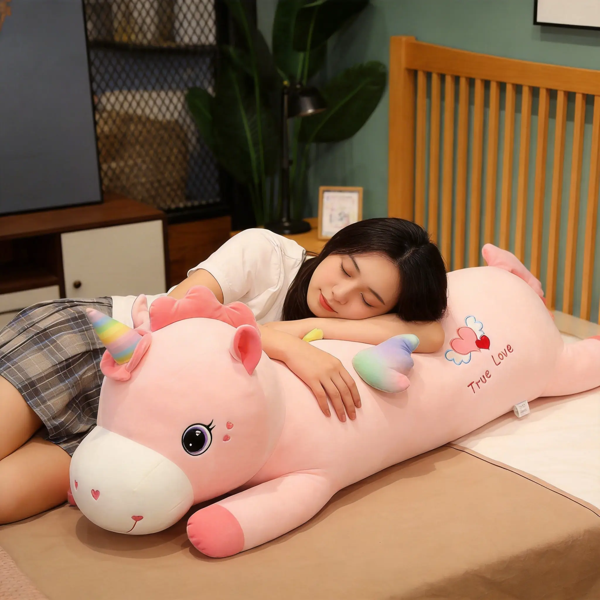 Large pink unicorn long plush pillow with rainbow horn gradient wings; plush toy for girls; leg-holding pillow for side sleeping; Valentine’s Day and birthday gift