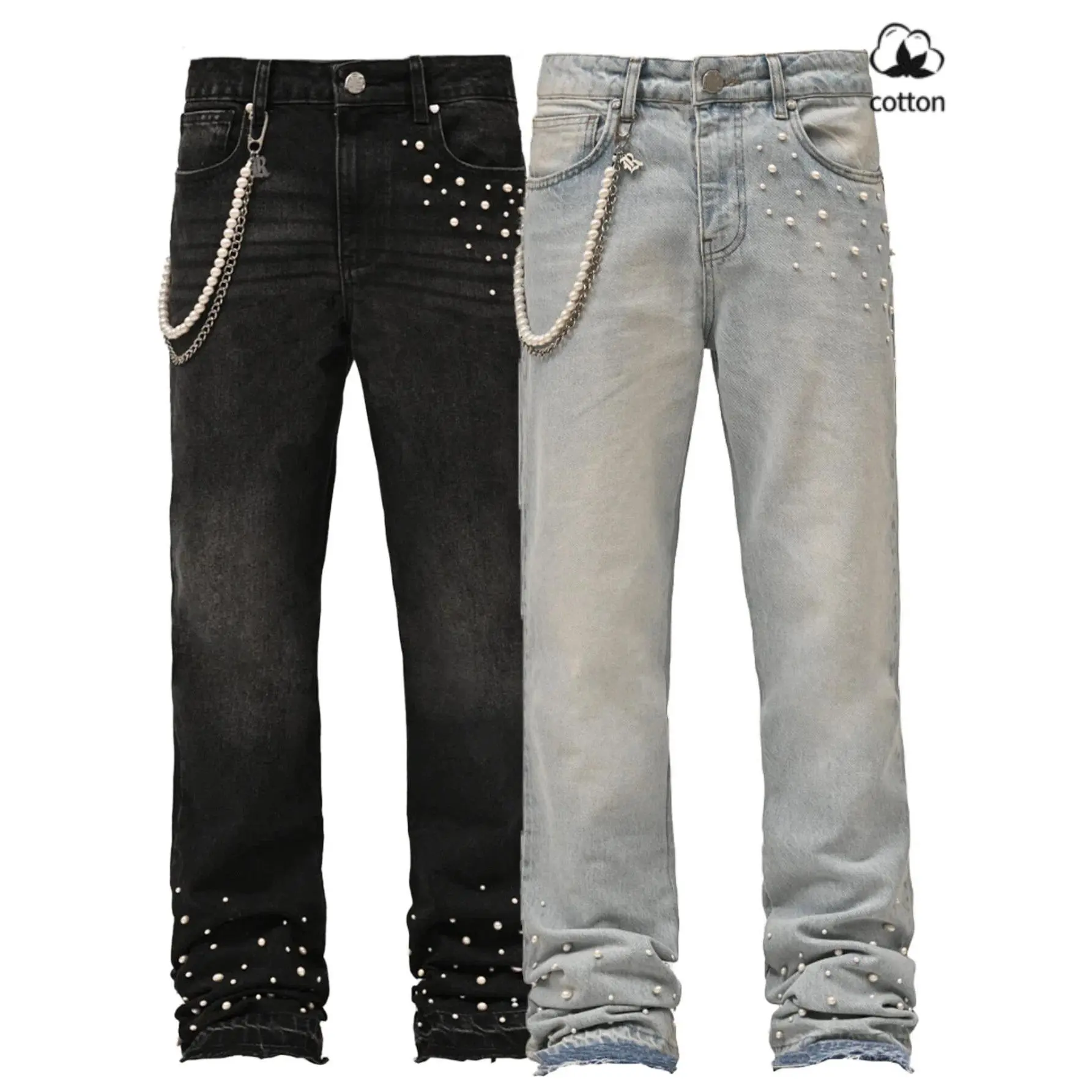 Men's High Cotton Pearl Studded Straight Leg Jeans, Vintage Washed Chain Decor Distressed Denim Pants, Streetwear Y2K Embellished Loose Fit Stacked Jeans for Men