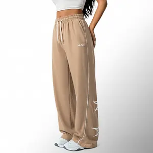 1-pack spring/summer polyester women’s loose athletic pants with side stripes, five-star print design, drawstring, casual street style long pants