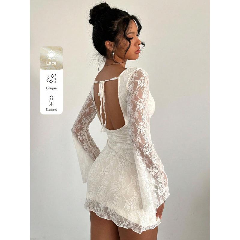 Women's Elegant Lace Backless Tie-Up Long Sleeve Mini Dress,White Graduation Dress