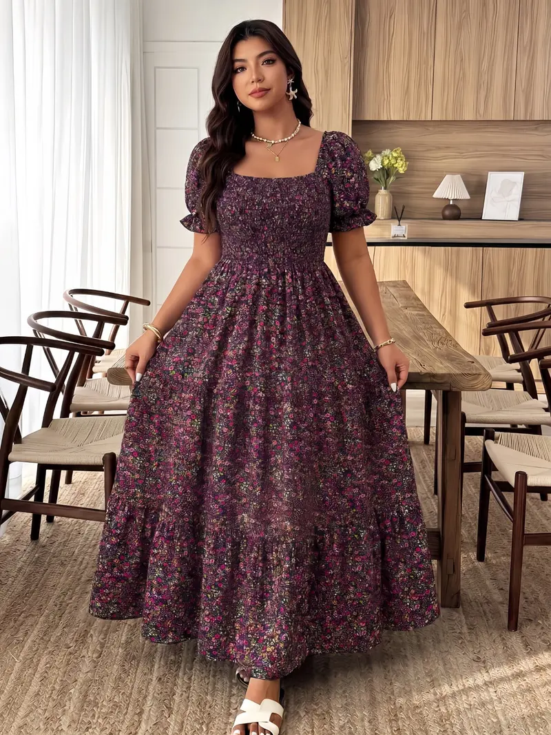 knee length dresses for ladies Plus Floral Elegance Long-Sleeve Maxi Dress White / 2XL