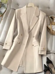 Women's Elegant Office Blazer Jacket, Lightweight Fabric, Dual Button Design, Pockets & Waist Closure, Long Sleeve, Womenswear, Garment