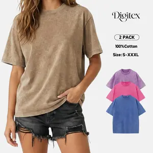 Digitex Women’s Soft Cotton Acid Washed T Shirts 2PCs, Loose Fit Short Sleeve Crew Neck Basic Tops, Vintage Solid  Casual Streetwear for Summer and Relaxed Daily Wear