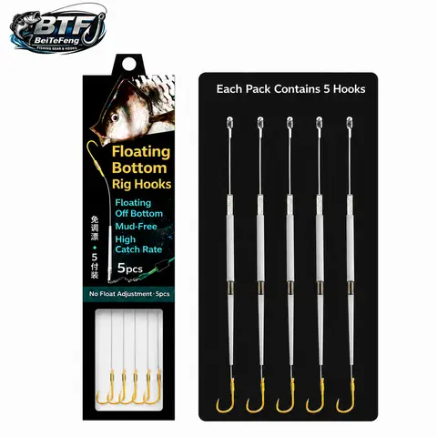 BRILLIANT FRONT Weed-Mud Lift Floating Bottom Rig - 5-Pack Pre-Tied Weedless Leaders with Iseama Barbed Hooks, Anti-Snagging Freshwater Fishing Accessories for Bass (5 Hooks per Pack, No Float Adjustment Needed)