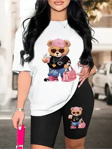 Fashion cartoon bear print round neck fitted T-shirt and slim fit shorts women's two-piece set, summer casual fashion outfit, perfect shape, exquisite gift