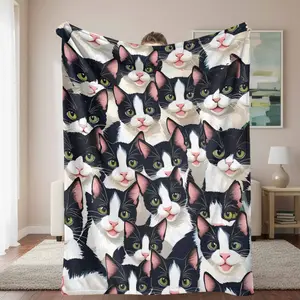 Black And White Tuxedo Cat Flannel Blanket Cartoon Feline Print Soft Cozy Warm Lightweight Machine Washable Perfect For Sofa Living Room Bedroom Pet Lovers Gift