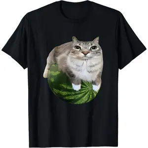 Men's 100% Cotton Short-Sleeve T-Shirt, Casual Comfortable Everyday Fabric, Watermelon Cat Meme Design