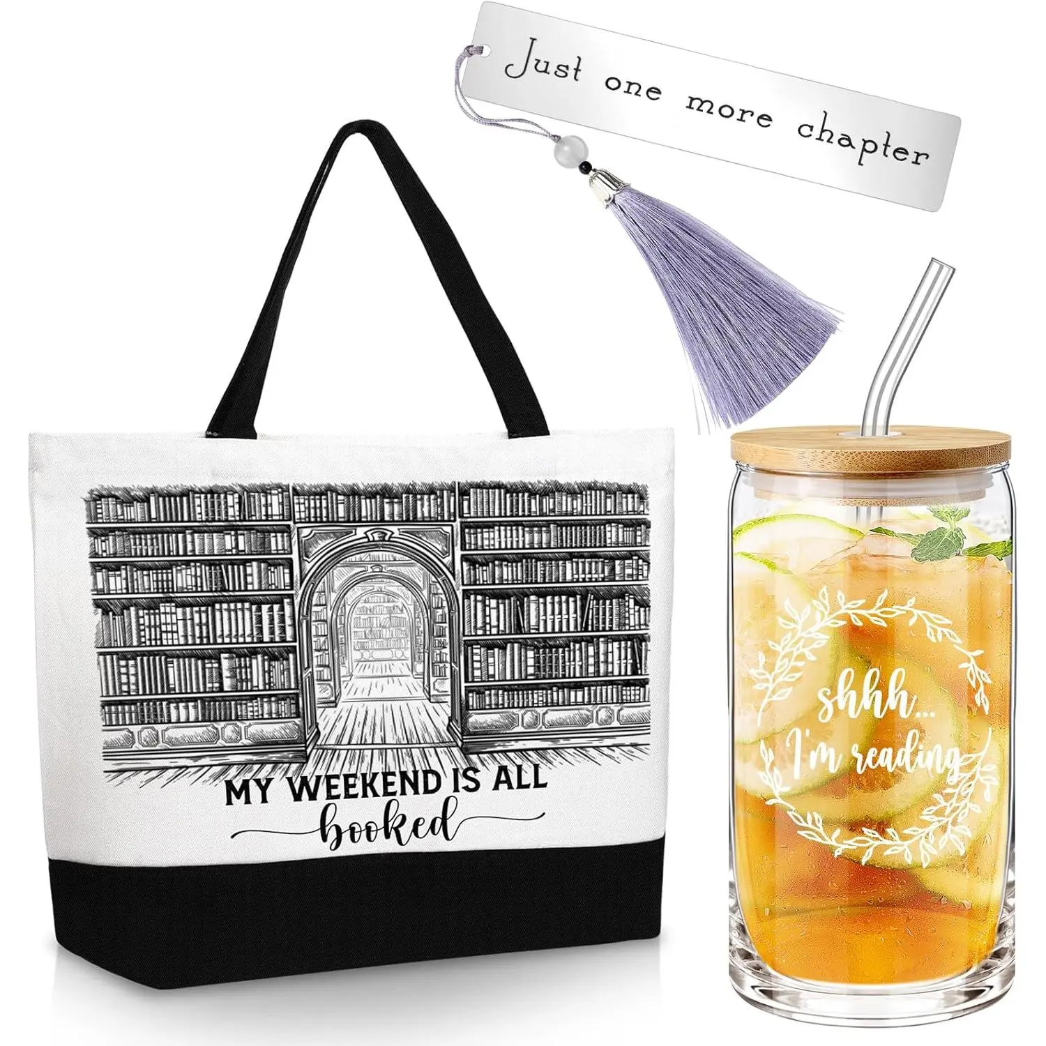 3 count Book Lover , Book Club Accessories, Bookish Gifts for Readers Librarians Bookworms Teachers Friends Cute Birthday , 1 Canvas Tote Bag, 1 Metal Bookmark and 1 Glass Cup