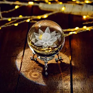 Collectible Figure Crystal 2.4 Inch 60mm Carved Lotus Crystal Ball with Silver Flower Stand, Feng Shui Glass Ball Home Decoration