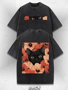 Vintage Washed T-Shirt- Black Cat and Floral Print(Front/Back)- Y2K Street Style- Loose Fit Unisex Top- Soft Beige Base Material- Everyday Casual Shiry2k,Vintage,Streetwear Christmas Retro Double Printed Anime T-shirt