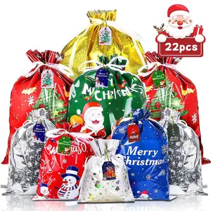 Yousxin 22PC Christmas Drawstring Gift Bags with Tags,Assorted Sizes for Xmas Party Favors,Holiday Present Wrapping Christmas Drawstring Bags