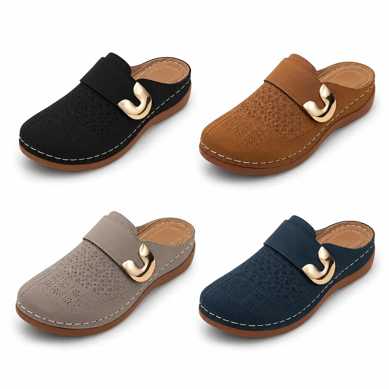 Women’s Closed-Toe Perforated Clog Mules, Slip-On Lightweight Breathable Walking Footwear with Metal Accent, Walking Shoes