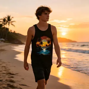 Men's Synthwave Sunset Tank Top - Tropical Palm Tree Beach Graphic Sleeveless Shirt