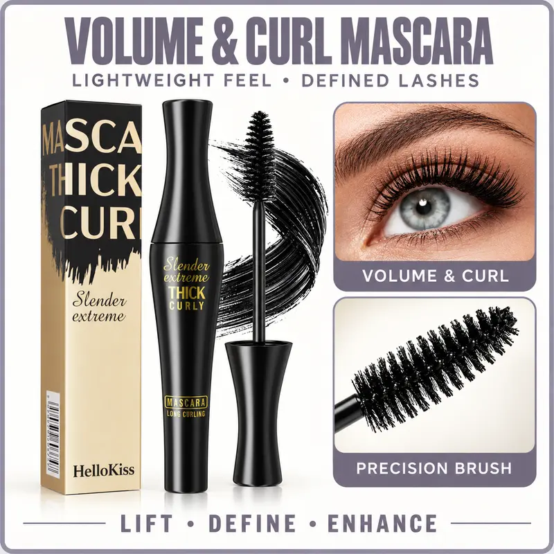 Black Volumizing and Curling Mascara, Lightweight Eye Makeup for Fuller-Looking, Defined Lashes, Tapered Bristle Brush for Precise Application