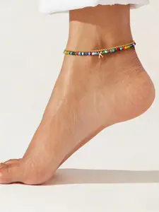 Boho Style Women's Beaded Anklet, Mixed Color Small Beads Gold Chain Adjustable Ankle Bracelet, 26 Letter Design, Fashionable Accessory