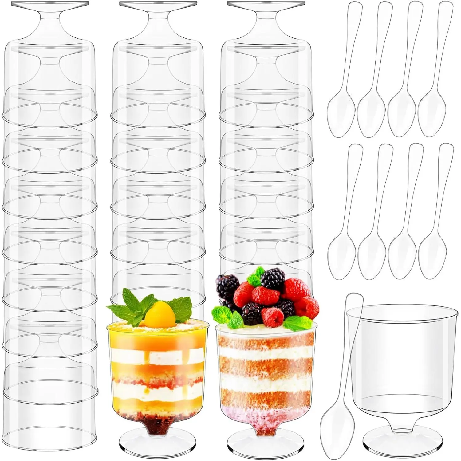 120 count Dessert Cups with Spoons,60 Pcs 5 OZ Mini Clear Plastic Parfait Cup with 60 count Spoons,Disposable Appetizer Bowl Round Serving Goblet Cup  Shot for Fruit,Ice Cream,Mousse Pudding