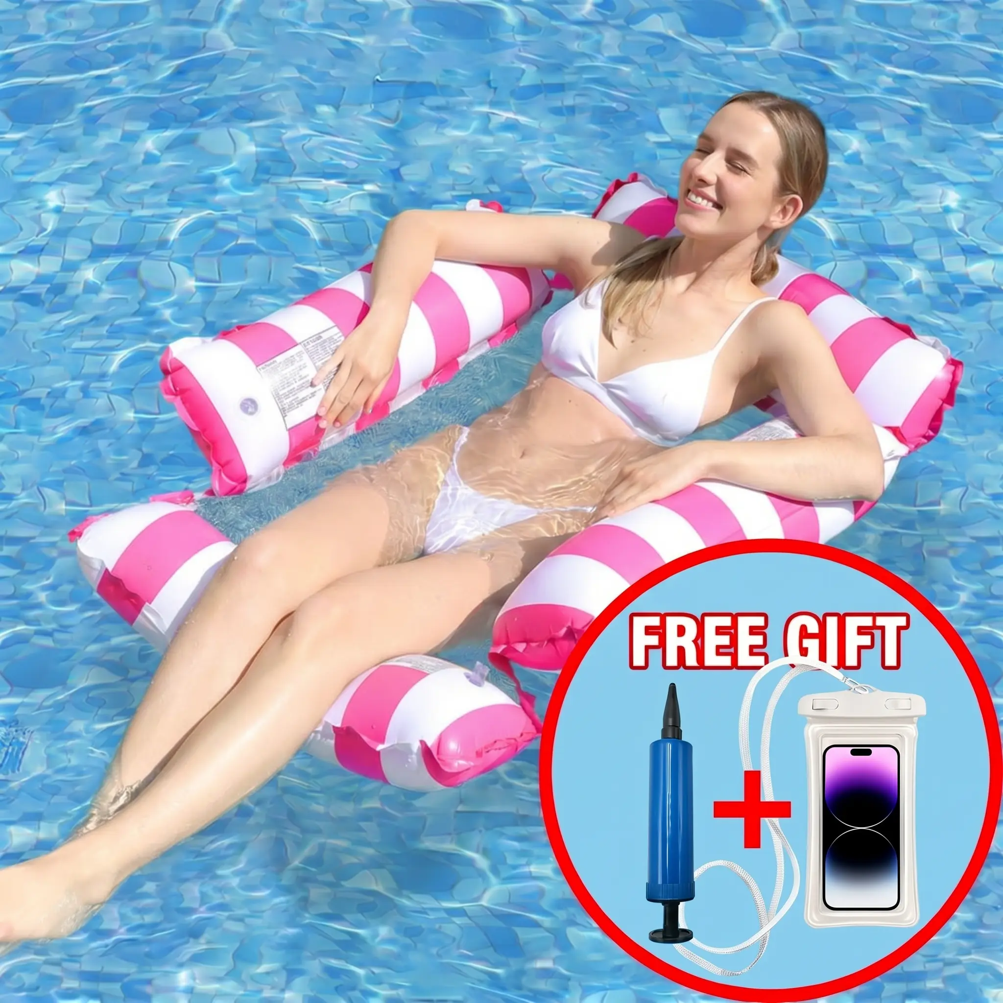 Summer Vibes 4-in-1 Water Hammock Float, Inflatable Pool Lounge Chair with Free Phone Case & Pump-Portable Pool Floatie for Adults, Comfortable Floating Chair for Summer Swimming, Beach & Lake