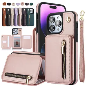 for iPhone 17 Pro Max 16 15 14 13 12 11 Lanyard Leather Zipper Wallet Card Phone Case Hand Rope Cover PU Leather Flip Cover with Hand Strap, with Strap Credit Card Slots Crossbody with Zipper