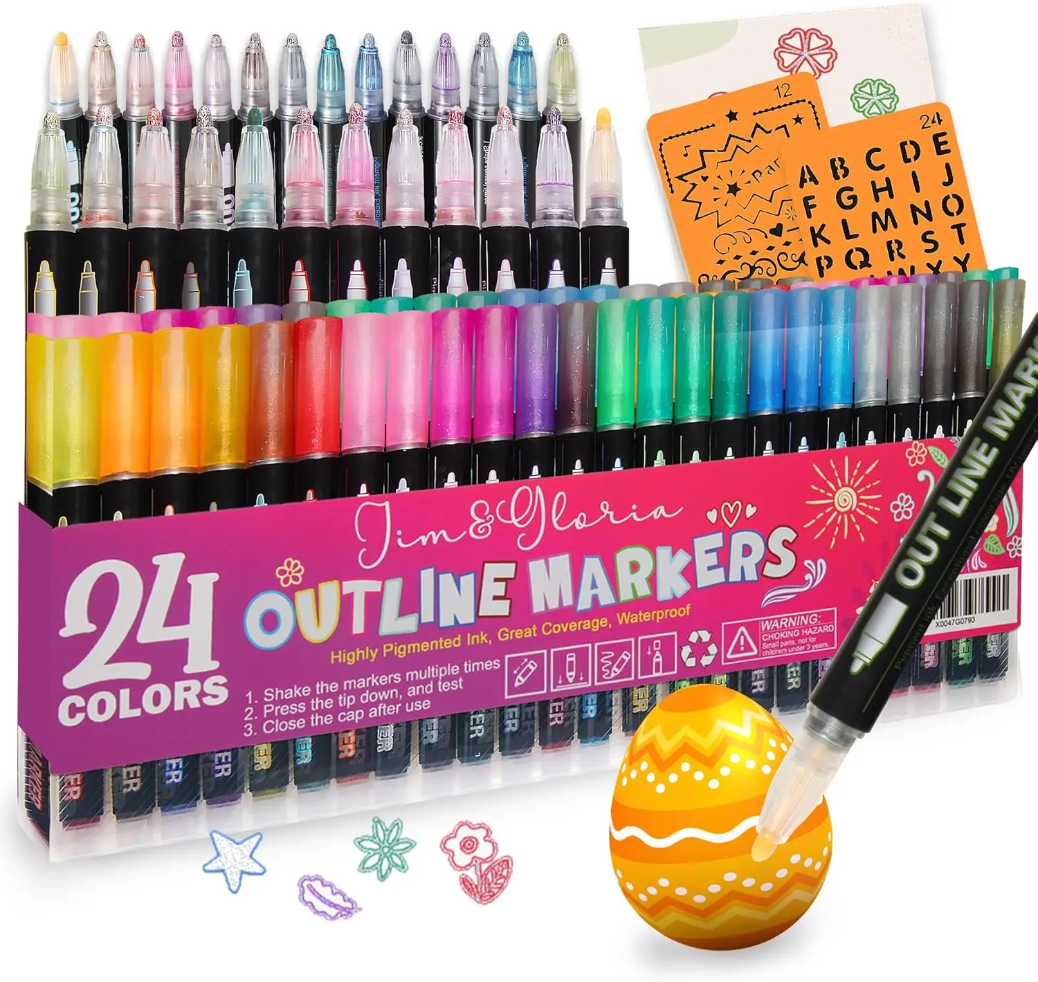 Jim&Gloria Glitter Pens Acrylic Paint Markers, Easter Basket Stuffers for Teens, Metallic Outline Markers for Kids Ages 4-8 6-7 10-12 DIY CraftS
