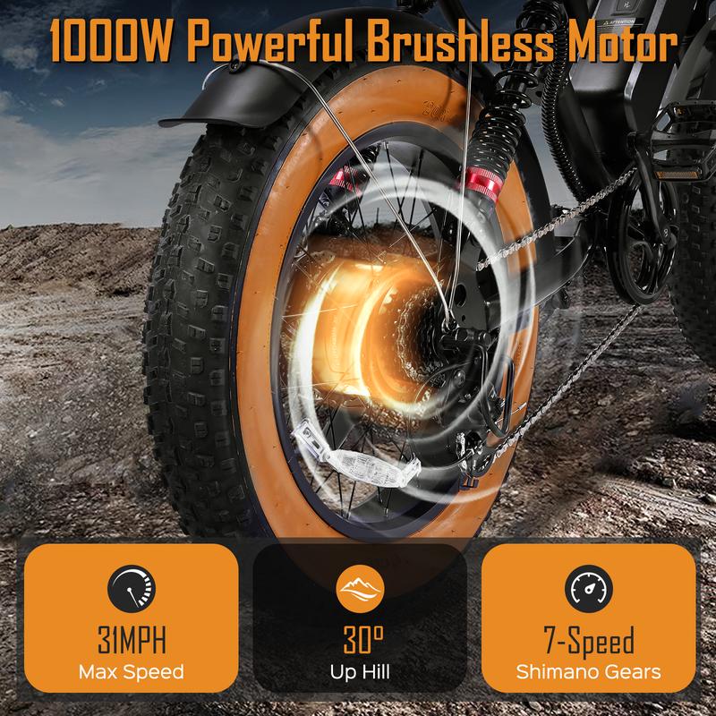 Electric Bike for Adults Peak 1000W, 31MPH,48V 17.5AH, E-Bike,35-45 Miles Electric Motorcycle, 20" Fat Tire Dirt Bike, UL2849 All Terrain for Mountains, Snow, Sand, Road
